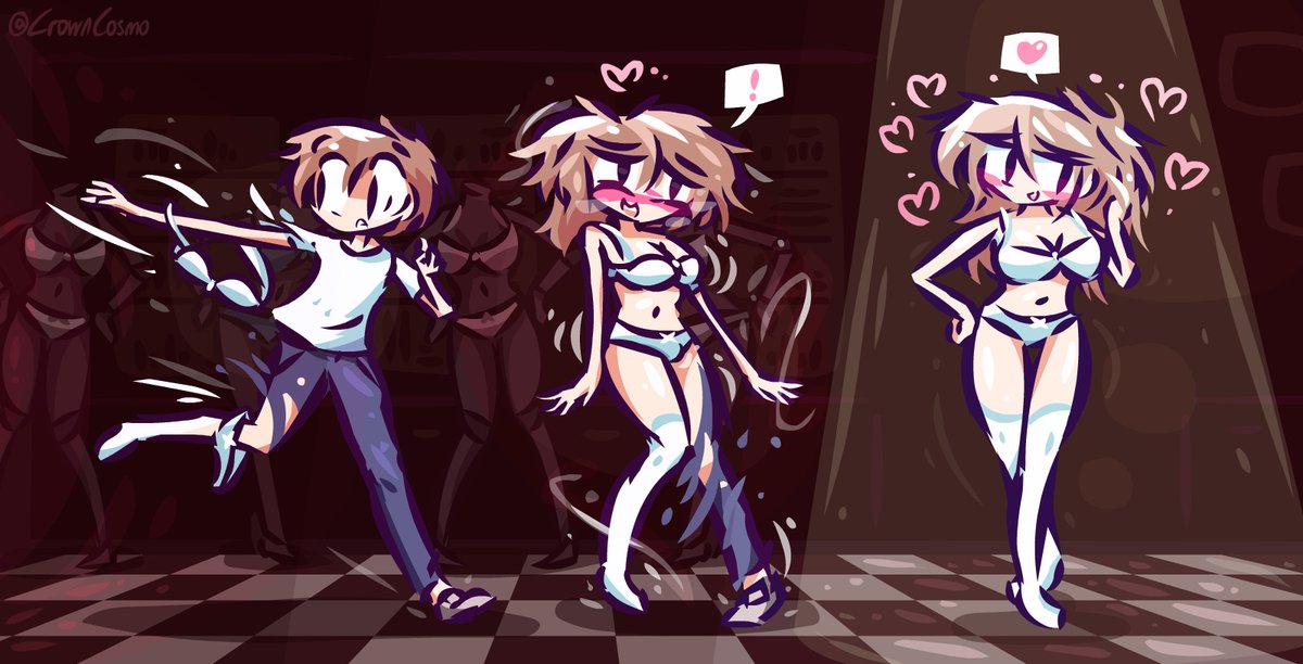 CrownCosmo's tweet photo. 🩲💖👙 Don't ya love it when you're looking for clothes, something just grabs you, and it fits perfectly?

A finished colored sequence made from sketches for Ascubis as part of their Crownie-tier reward! Thanks for the support! :D #tg #tgtf #genderbender #tgtransformation https://t.co/7sxJMjuP2h