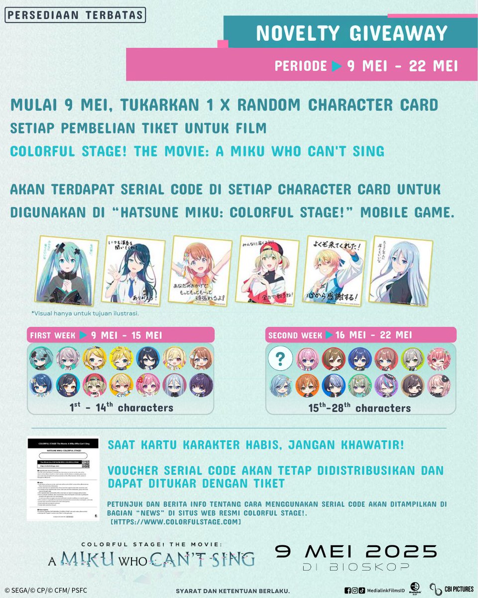 CBIpictures's tweet photo. Tonton COLORFUL STAGE! The Movie: A Miku Who Can’t Sing dan tukarkan dengan 1 x Random Character Card
Terdapat serial code di belakang Character Card yang dapat digunakan di "Colorful Stage: Hatsune Miku" mobile game.
#colorfulstage #AMikuWhoCantSing #virtualsinger #hellosekai https://t.co/OQNFpoJwFU