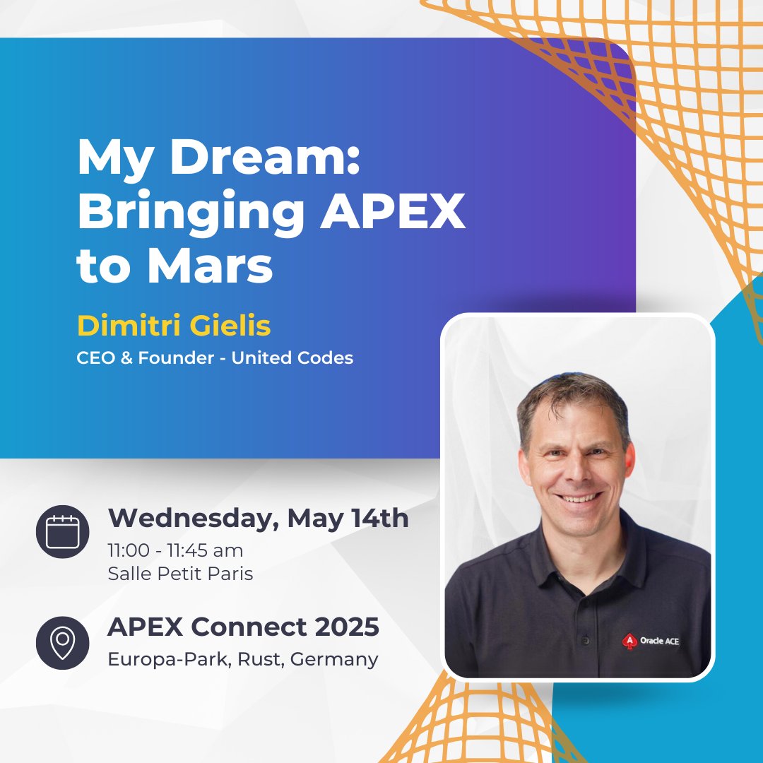 United Codes (@united_codes) on Twitter photo From Smart Buildings to MARS: <a href="/dgielis/">Dimitri Gielis</a> reveals how #orclapex & #orcldb 23c AI power United Codes' revolutionary HQβand how these technologies could enable interplanetary expansion!
Don't miss "My Dream: Bringing APEX to Mars" at #apexconn25
my.doag.org/events/apex-coβ¦ From Smart Buildings to MARS: <a href="/dgielis/">Dimitri Gielis</a> reveals how #orclapex & #orcldb 23c AI power United Codes' revolutionary HQβand how these technologies could enable interplanetary expansion!
Don't miss "My Dream: Bringing APEX to Mars" at #apexconn25
my.doag.org/events/apex-coβ¦