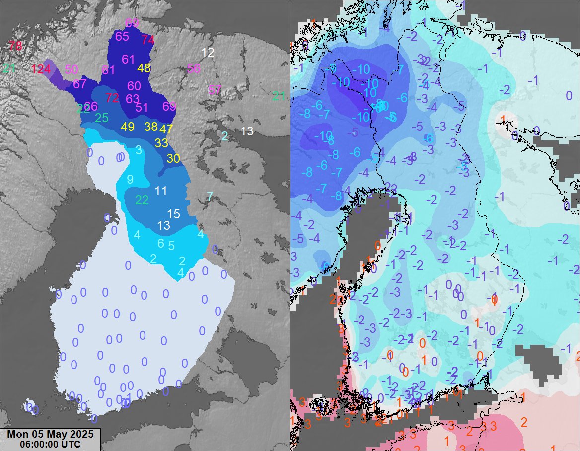 jaj2009's tweet photo. Aamun lumitilanne 5.5.2025 ja viime yön minimilämpötiloja.
#sää #toukokuu #lumi #snowdepth #Tmin https://t.co/1OtI3RoZrK