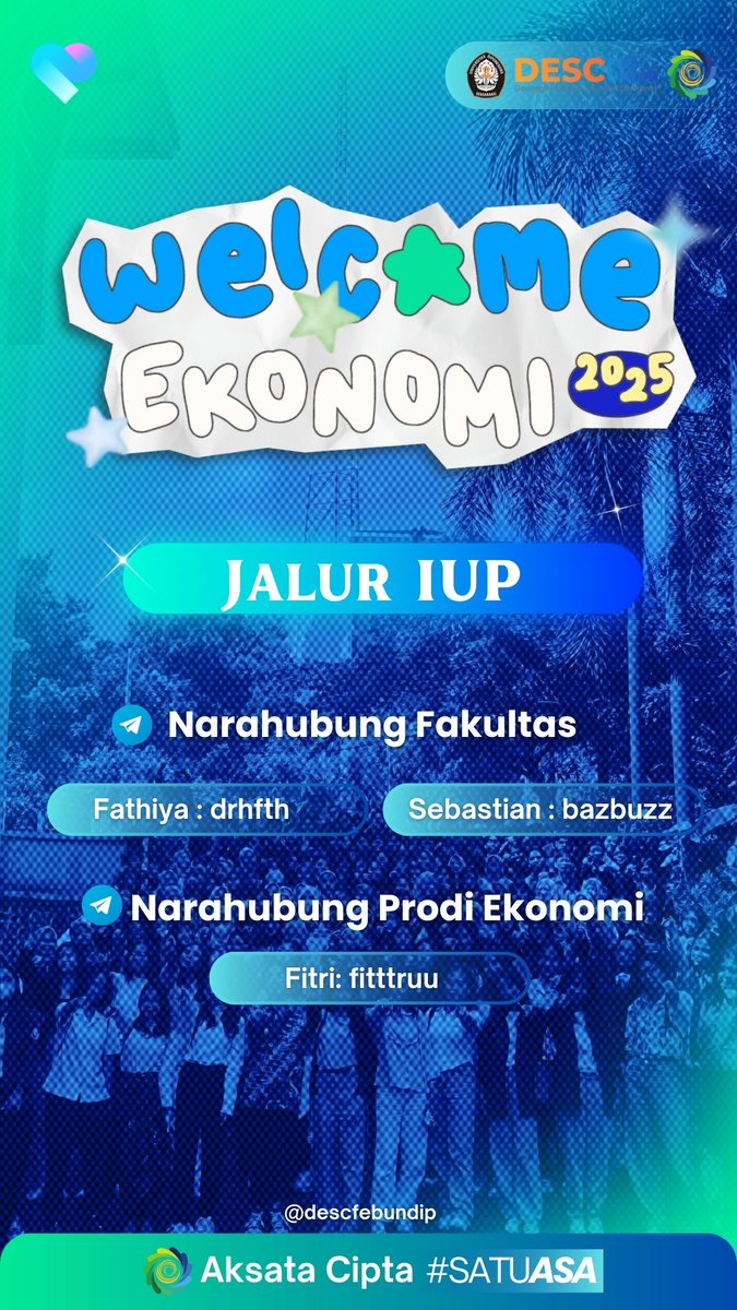 WELCOME NEW IUP STUDENTS OF FEB UNDIP 2025

Hi, Econs!👋

DESC FEB Undip welcomes and invites you to join the Economics Study Program as IUP 2025 students🥳✨

To get more information about re-registration and so on, you can join the Maba FEB Undip 2025 Group‼️