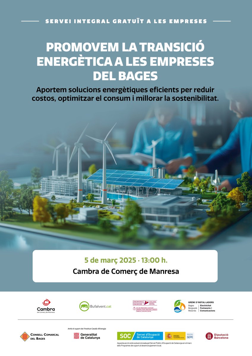 Cambramanresa (@cambramanresa) on Twitter photo 📢 Avui a la 1 del migdia presentem les Oficines Empresarials de Transició Energètica de la Catalunya Central.
🗨️ Amb Francesc Vidal, cap de d’Energies Renovables i Internacional de <a href="/energiacat/">Energia</a>
📍 A la Cambra de #Manresa
<a href="/cetimcatcentral/">CETIM</a> <a href="/aebufalvent/">Bufalvent.cat</a> <a href="/gremiGBB/">Gremi d'instal·ladors GBB</a> <a href="/consellbages/">Consell Comarcal del Bages</a> 📢 Avui a la 1 del migdia presentem les Oficines Empresarials de Transició Energètica de la Catalunya Central.
🗨️ Amb Francesc Vidal, cap de d’Energies Renovables i Internacional de <a href="/energiacat/">Energia</a>
📍 A la Cambra de #Manresa
<a href="/cetimcatcentral/">CETIM</a> <a href="/aebufalvent/">Bufalvent.cat</a> <a href="/gremiGBB/">Gremi d'instal·ladors GBB</a> <a href="/consellbages/">Consell Comarcal del Bages</a>