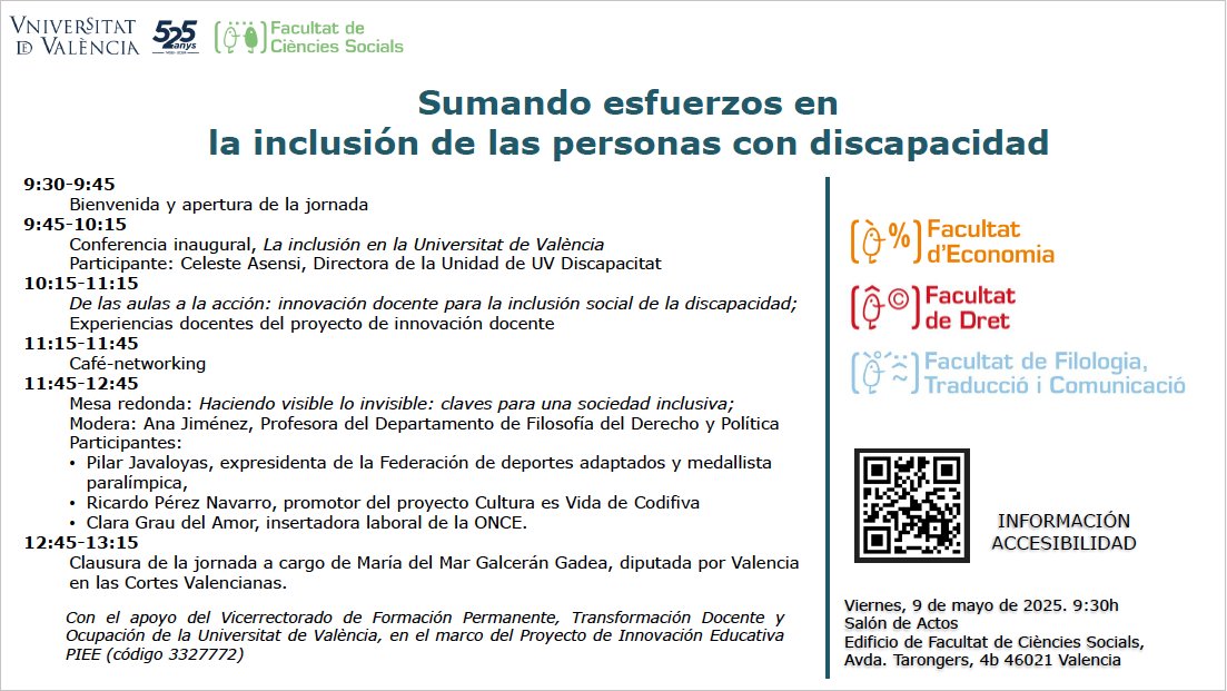 codifiva_org's tweet image. Sumando esfuerzos en la inclusión de las personas con discapacidad, interesante iniciativa de la Universitat de València @UV_EG que se celebra durante la mañana del viernes, 9 de mayo de 2025. Os proponemos participar para apoyar esta jornada. Nuestro proyecto "Cultura es Vida"…