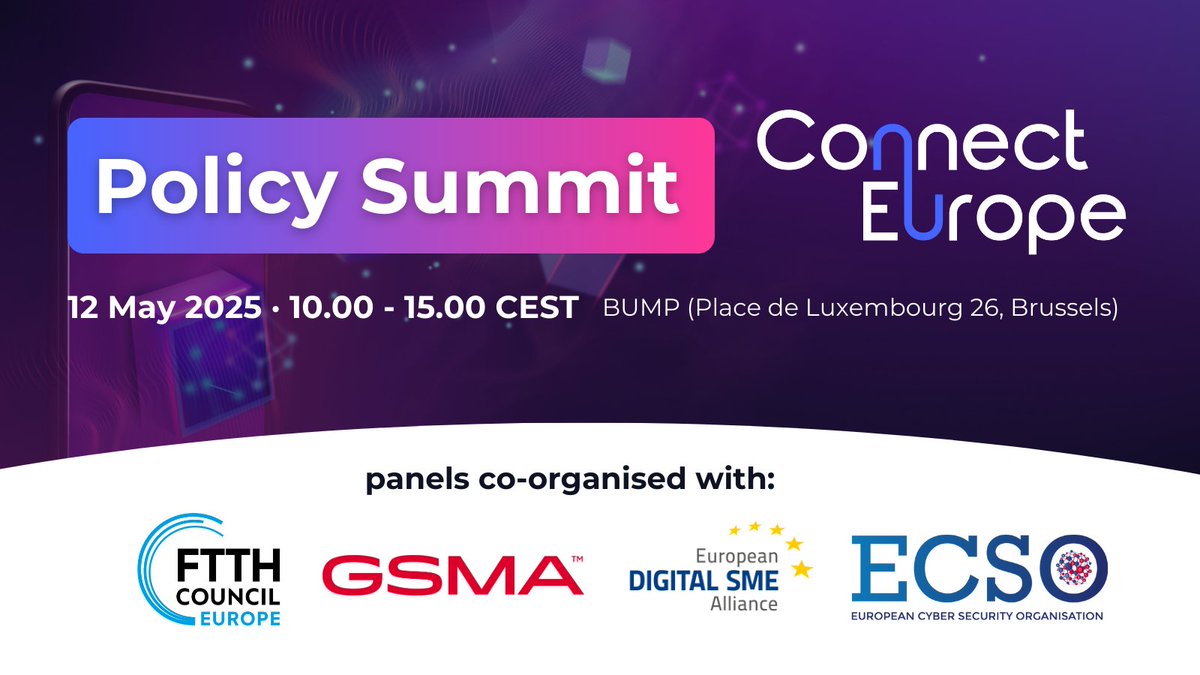 🚀 Europe’s digital transformation is at a crossroads.

Join policymakers, industry leaders &amp; experts at @ConnectEuropeX’s Policy Summit next Monday 12 May in Brussels to shape a connected, competitive &amp; sovereign #EUdigital future. More about it: bit.ly/4buTJWv