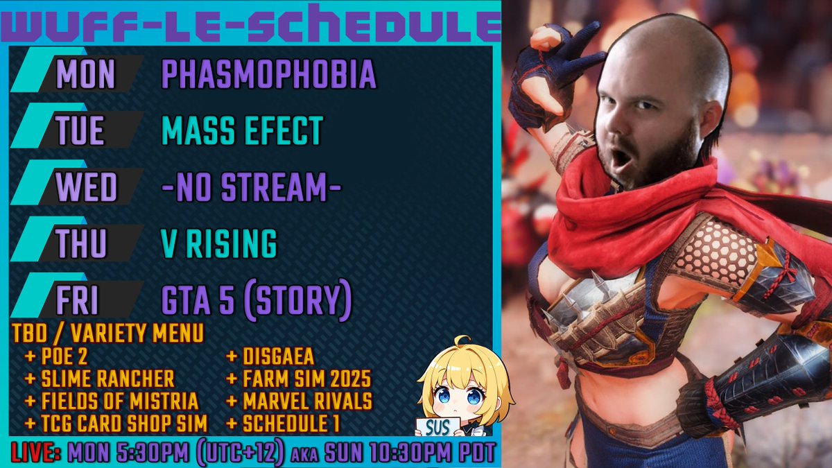 Its been a hot minute since I put a schedule up here!
This week features...
GHOSTS
ALIENS? (I've never played Mass Effect)
VAMPIRES
Crims and the Popo? (Also not played GTA 5 yet)
👁👄👁 twitch.tv/wufflemeister