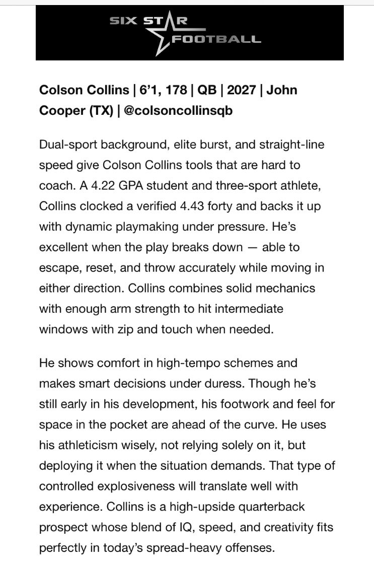 Colsoncollinsqb (@colsoncollinsqb) on Twitter photo Hereās a great scouting report from ā¦<a href="/sixstarfootball/">Six Star Football | PLUS+</a> The hard work is paying off ā¦<a href="/Coach_DeHaven/">Erik Dehaven</a>ā© ā¦<a href="/fb_coachcarp/">Aaron Carpenter</a>ā© ā¦<a href="/JCS_Football/">John Cooper Dragon Football</a>ā© Hereās a great scouting report from ā¦<a href="/sixstarfootball/">Six Star Football | PLUS+</a> The hard work is paying off ā¦<a href="/Coach_DeHaven/">Erik Dehaven</a>ā© ā¦<a href="/fb_coachcarp/">Aaron Carpenter</a>ā© ā¦<a href="/JCS_Football/">John Cooper Dragon Football</a>ā©
