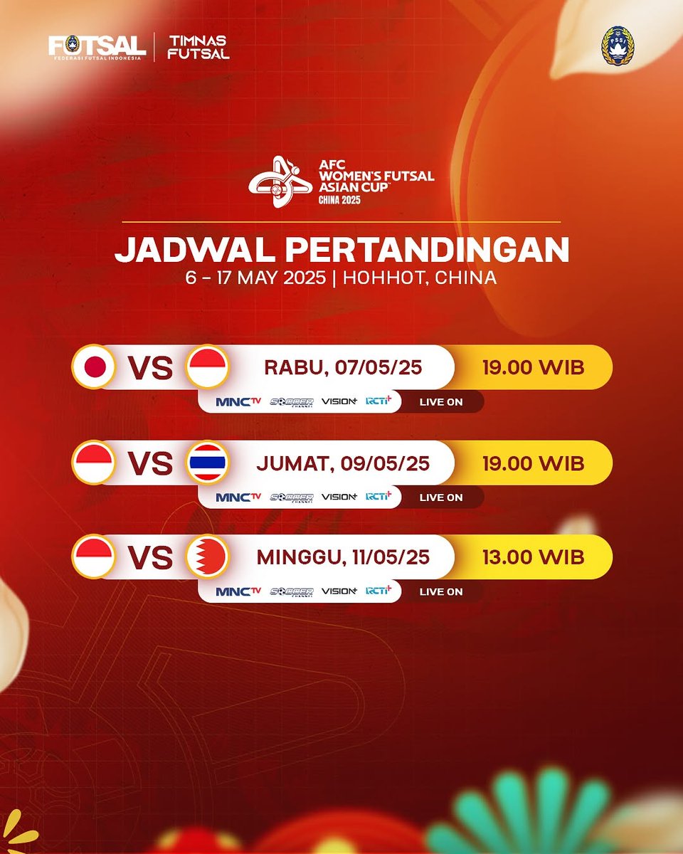 𝐉𝐀𝐃𝐖𝐀𝐋 𝐋𝐈𝐕𝐄 𝐀𝐅𝐂 𝐖𝐎𝐌𝐄𝐍’𝐒 𝐅𝐔𝐓𝐒𝐀𝐋 𝐀𝐒𝐈𝐀𝐍 𝐂𝐔𝐏 𝟐𝟎𝟐𝟓

Dukung langsung perjuangan Garuda Pertiwi di AFC Women’s Futsal Asian Cup 2025!

Saksikan di MNC TV, Vision+, RCTI+, Soccer Channel dan Sportstars!