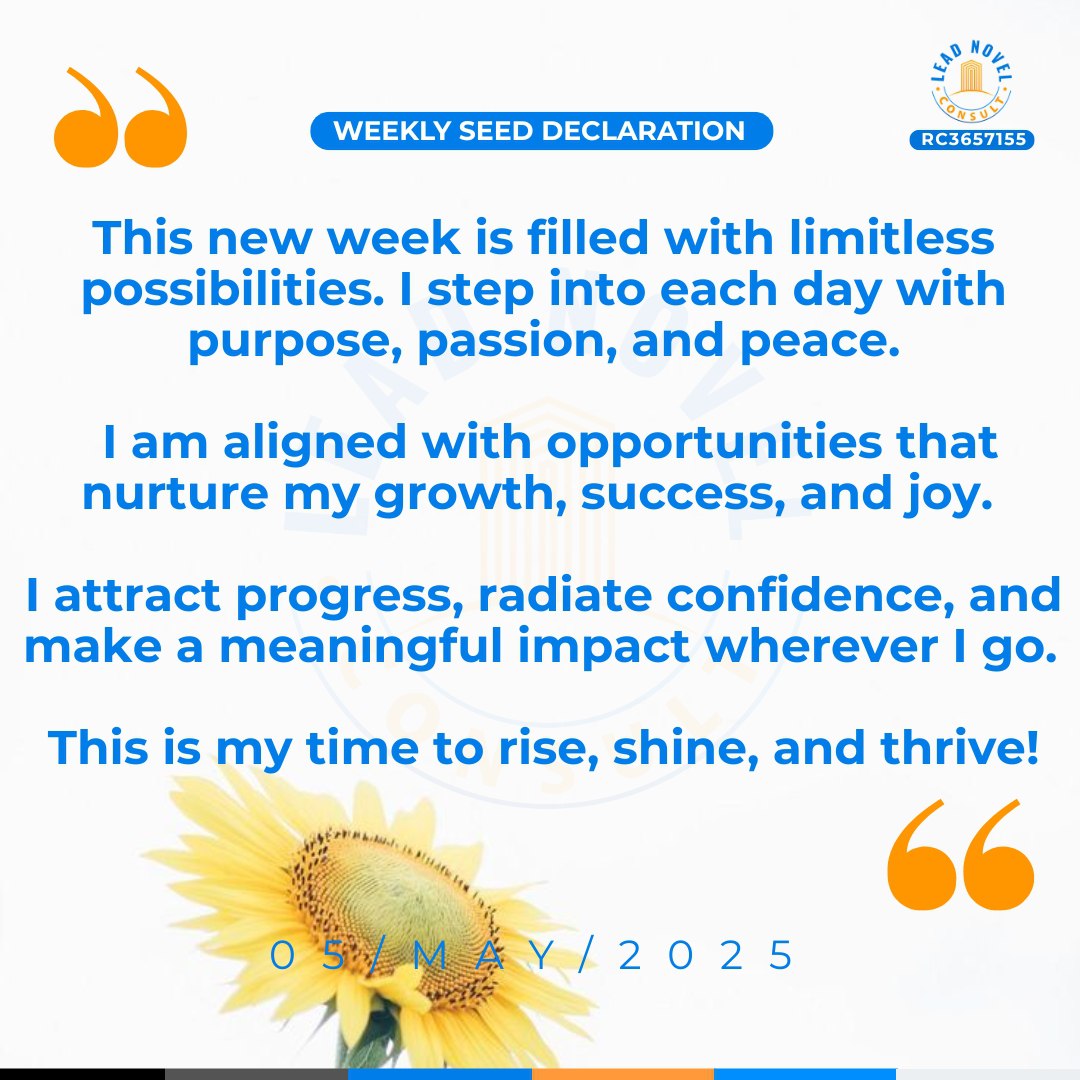 lead_novel's tweet photo. 🌞 Good Morning, Early Risers!
Here’s your #WeeklySeedDeclaration to kickstart the week:

“This new week is filled with limitless possibilities...” (full affirmation)

Speak life, align with greatness, and go win the week. 🚀
#HappyNewWeek #MondayMotivation #AffirmationMonday https://t.co/0njgn2pTpv