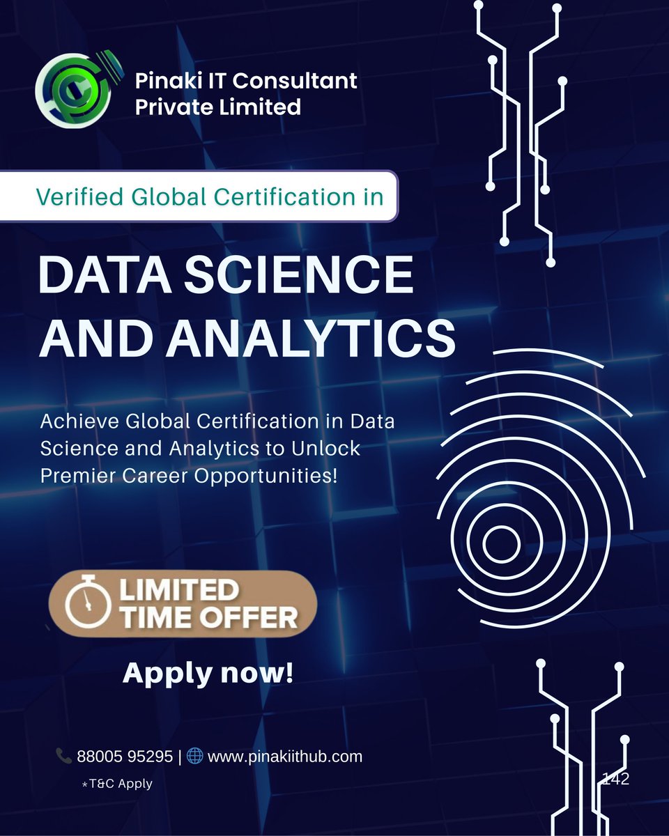 Pinakiithub's tweet image. 🔓Unlock the world of Data Science &amp;amp; Analytics with our Verified Global Certification from Pinaki IT Consultant Pvt. Ltd.! 

☎️ Limited Time Offer – Apply Now!
🌐 Visit: [ pinakiithub.com ]
📞 Contact: +91 88005 95295

#DataScienceCertification #AnalyticsCareer