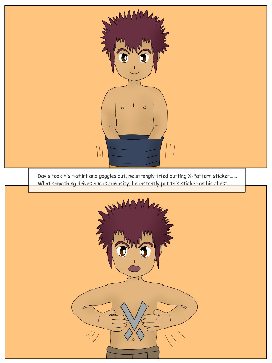HumanGyukimon's tweet photo. It's my recent transformation comic that is still unfinished. #DavisMotomiya was digivolved to #ExVeemon after he had put the X-Pattern sticker on his chest. #DA02 #DigimonAdventure02 #DigimonTransformation https://t.co/l0HkYaZRw3