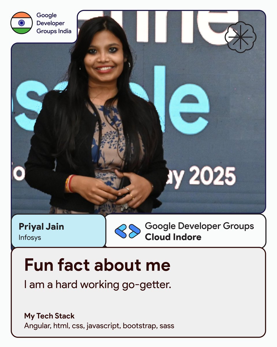 Google Developer Groups India (@gdgindia) on Twitter photo Meet <a href="/priyaljain919/">Priyal Jain</a> , one of the co-organisers for <a href="/gdgcloudindore/">GDG Cloud Indore</a> 🤩
Priyal is recognized for being proactive and always ready to help others. Give a shout out in the comments if you’ve met Priyal in person ✨ Meet <a href="/priyaljain919/">Priyal Jain</a> , one of the co-organisers for <a href="/gdgcloudindore/">GDG Cloud Indore</a> 🤩
Priyal is recognized for being proactive and always ready to help others. Give a shout out in the comments if you’ve met Priyal in person ✨