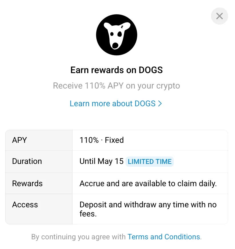 GM fam! The #TON wallet is now offering 110% APY for $DOGS when you deposit $DOGS into the Earn wallet. The DOGS rewards come from a dedicated prize pool of 350M DOGS, provided by Wallet’s partners.

The campaign will last until May 15, with a pool of 350M $DOGS; there’s only 40%