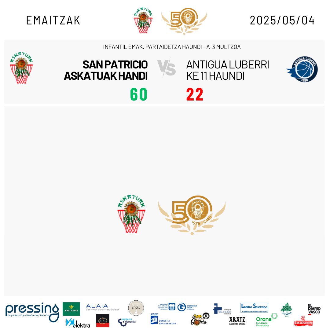 🏀EMAITZAK - RESULTADOS 04/05/2025                          

📷Hauek dira gure taldeen emaitzak asteburu honetan.                              
📷Estos son los resultados de nuestros equipos este fin de semana.

#NiNaizAskatuak #GuGaraAskatuak
<a href="/fgbaloncesto/">GSF</a>
<a href="/FBasketbasko/">Foro Basketbasko</a>