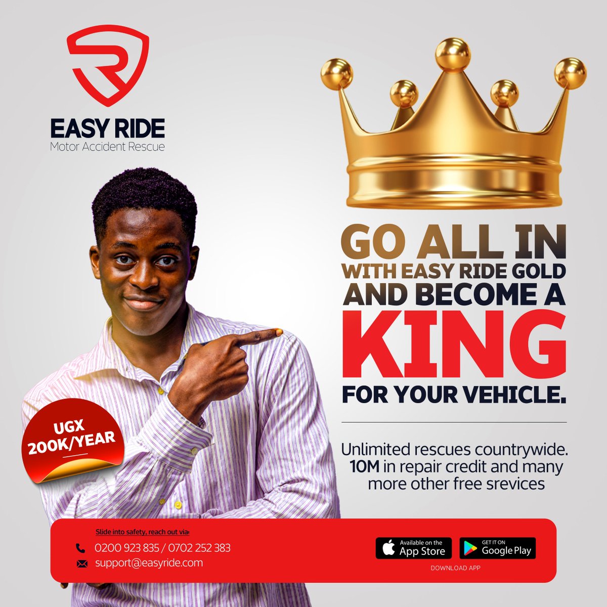 Here’s something for our KINGS🤩👑

Subscribe to our Golden Package for just UGX 200,000 &amp; unlimited rescues, 10M repair credits &amp; more!!

Yeah, that’s #EasyRideUG. Reach out via easyrideug.com or ☎️ +256 702252383