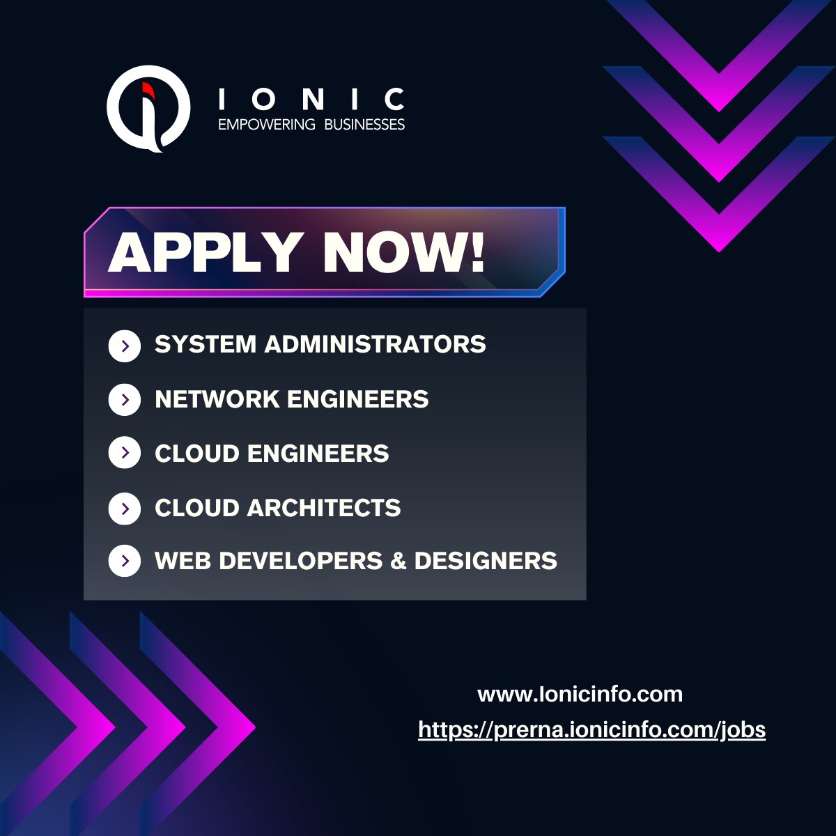 info_ionic's tweet image. Join Ionic Info Solutions Pvt Ltd 💼

Open Roles: 
🔹 Network Engg (Jr/Sr) 
🔹 System Admins 
🔹 Web Dev &amp;amp; Designers (Jr/Sr) 
🔹 Cloud Engg &amp;amp; Architects 
🔹 DevOps Engg (Jr/Sr)

Apply now → prerna.ionicinfo.com/jobs

#TechHiring #Cloud #DevOps #Networking #WebDevelopment