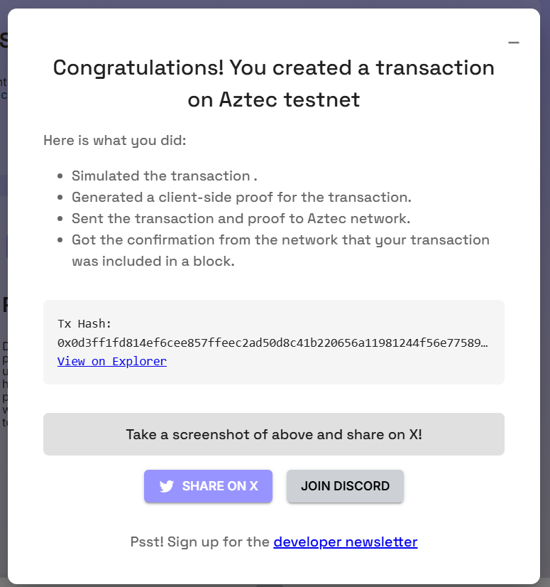 I sent a private transaction on <a href="/aztecnetwork/">Aztec</a> Public Testnet by generating a client-side proof.

Try it yourself with Aztec Playground: play.aztec.network