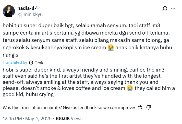 uarmyvibe's tweet photo. Indonesia ARMY posted, "hobi is super duper kind, always friendly and smiling. earlier, the im3 staff even said he’s the first artist they’ve handled with the longest send-off, always smiling at the staff, always saying thank you and please, doesn’t smoke & loves coffee and ice cream 😭 they called him a good kid, huhu crying"