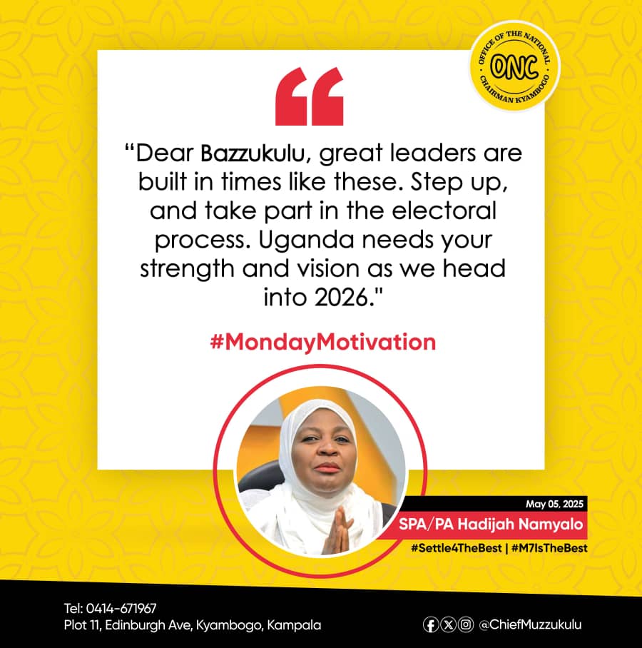 Great leaders aren't born, they rise in times of challenge. Uganda's future depends on bold your  voices and brave choices. Dear Bazzukulu, the time is now. Step up for 2026!

#MondayMotivation | #Settle4TheBest | #M7IsTheBest | #UgandaDecides2026
<a href="/Onc_nrm1/">Office of the National Chairman NRM</a>
<a href="/ChiefMuzzukulu/">Uzeiye Hadijah</a>