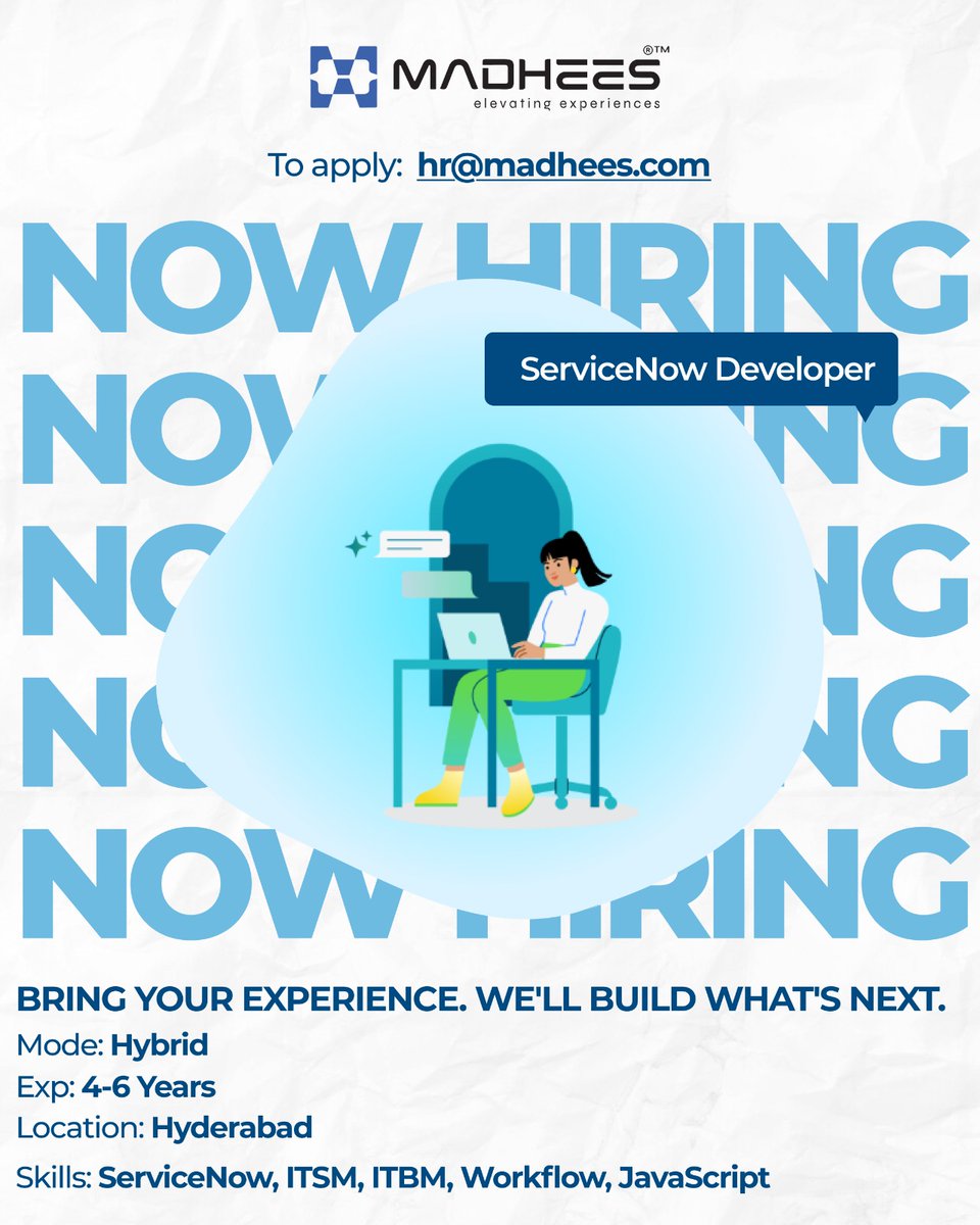 Madhees's tweet image. Join the Madhees team as a ServiceNow Developer.

We’ve got the seat. Let’s build the future—together.

📍 Hyderabad | 💼 4–6 Yrs | 💻 Hybrid
Apply now 👉 hr@madhees.com
#NowHiring #ServiceNowDeveloper #TechWithMadhees #HybridWork #MadheesCareers