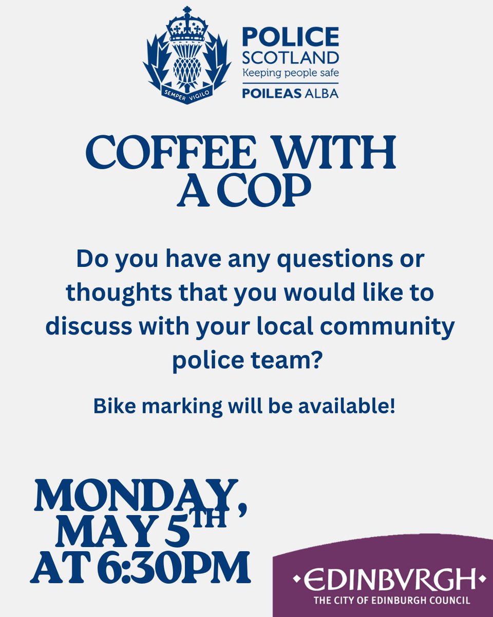 Coffee with a cop event at Moredun Library, 92 Moredun Park Road on Monday 5th of May @ 18:30
Come meet your local community policing team!