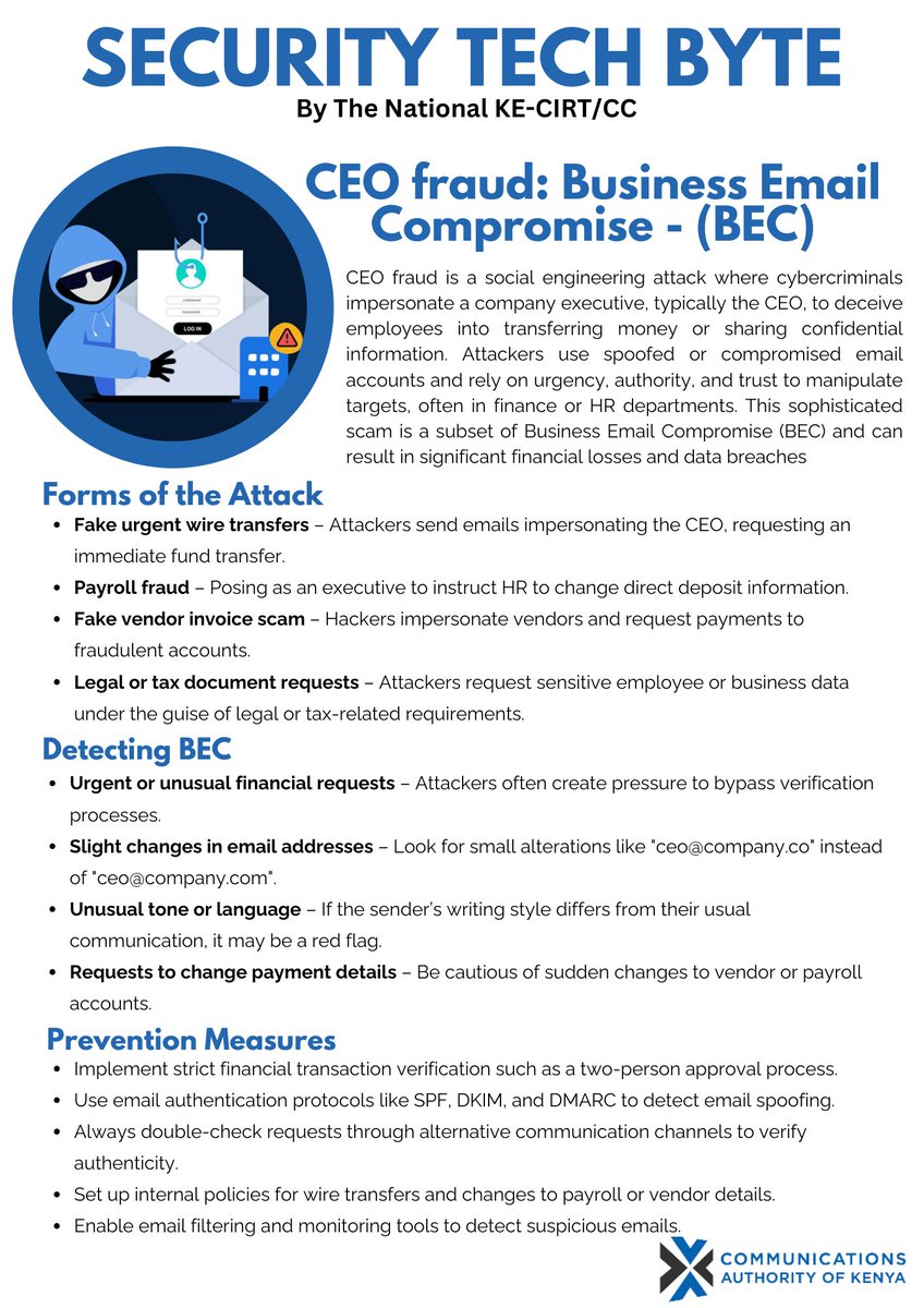 When the 'boss' isn't really the boss. Understand the CEO Fraud tactics. #BeCyberSmart #BeCyberAware #cybersecuritytips