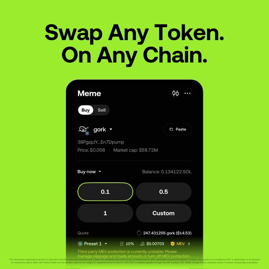 wallet's tweet image. Missed the swap button? Yeah, we did too 💚 

Swaps are back and live on our DEX! Trade millions of tokens across 130+ chains with prices aggregated from 500+ DEXs.

Try it: web3.okx.com/token