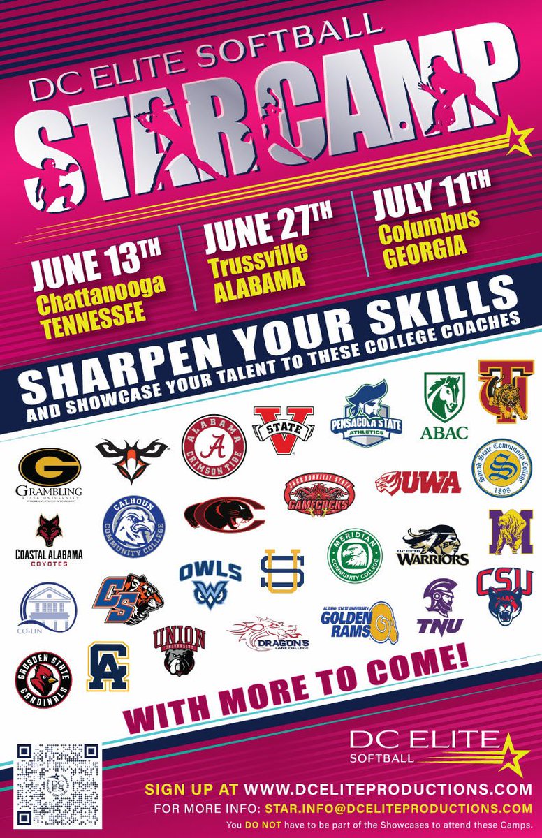 🚨🚨🚨NEW CAMP COACHES 🚨🚨🚨

🥎Trussville, Al
🥎Chattanooga, TN
🥎Columbus,GA

Lock in your spot before we are full!!!

🔗dceliteproductions.com/dces-star-camp

#dcelitesoftball #DCElite #ChasingTheStars #fastpitchsoftball #fastpitchlife #fastpitch #softball #SoftBallLife #softballlove