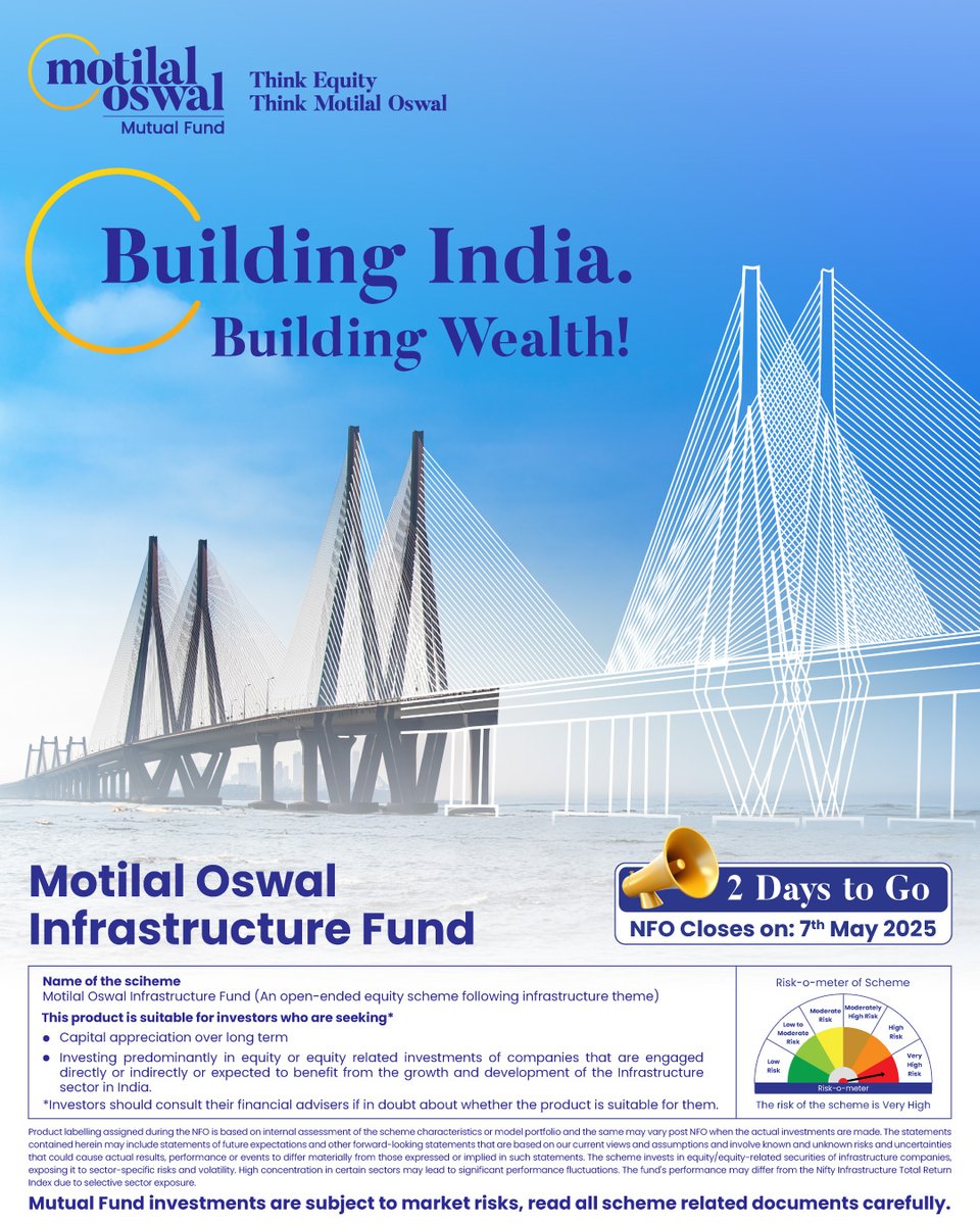 MotilalOswalAMC's tweet image. 🚨 Just 2 Days to Go!

Don’t miss your chance to invest in India’s growth story with the Motilal Oswal Infrastructure Fund.

Invest now: tinyurl.com/hvj6s5cz

#MotilalOswalAMC #InfrastructureFund #SmartIndia #MutualFundSahiHai #InvestSmart #UrbanIndia #NFOAlert