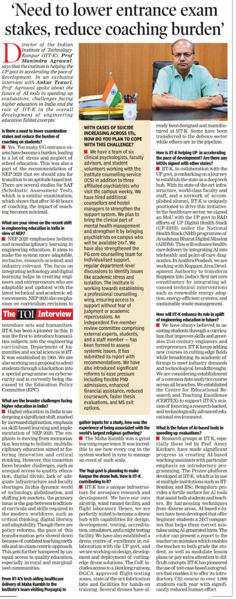 IIT Kanpur (@iitkanpur) on Twitter photo From the challenges facing higher education in India, to IITK contributing to making Kanpur a drone hub, Prof. Manindra Agrawal, Director IIT Kanpur, expresses his views on education and innovation.
Read the full article at timesofindia.indiatimes.com/city/lucknow/n…
#IITKanpur #iitk <a href="/timesofindia/">The Times Of India</a> From the challenges facing higher education in India, to IITK contributing to making Kanpur a drone hub, Prof. Manindra Agrawal, Director IIT Kanpur, expresses his views on education and innovation.
Read the full article at timesofindia.indiatimes.com/city/lucknow/n…
#IITKanpur #iitk <a href="/timesofindia/">The Times Of India</a>