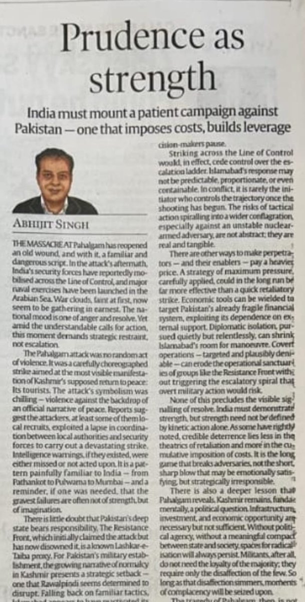 Abhijit Singh (@abhijit227) on Twitter photo "Rage isn't a strategy; restraint isn't passivity. India needs not reckless escalation, but a patient, determined campaign against Pakistan after Pahalgam." My op-ed <a href="/IndianExpress/">The Indian Express</a> "Rage isn't a strategy; restraint isn't passivity. India needs not reckless escalation, but a patient, determined campaign against Pakistan after Pahalgam." My op-ed <a href="/IndianExpress/">The Indian Express</a>