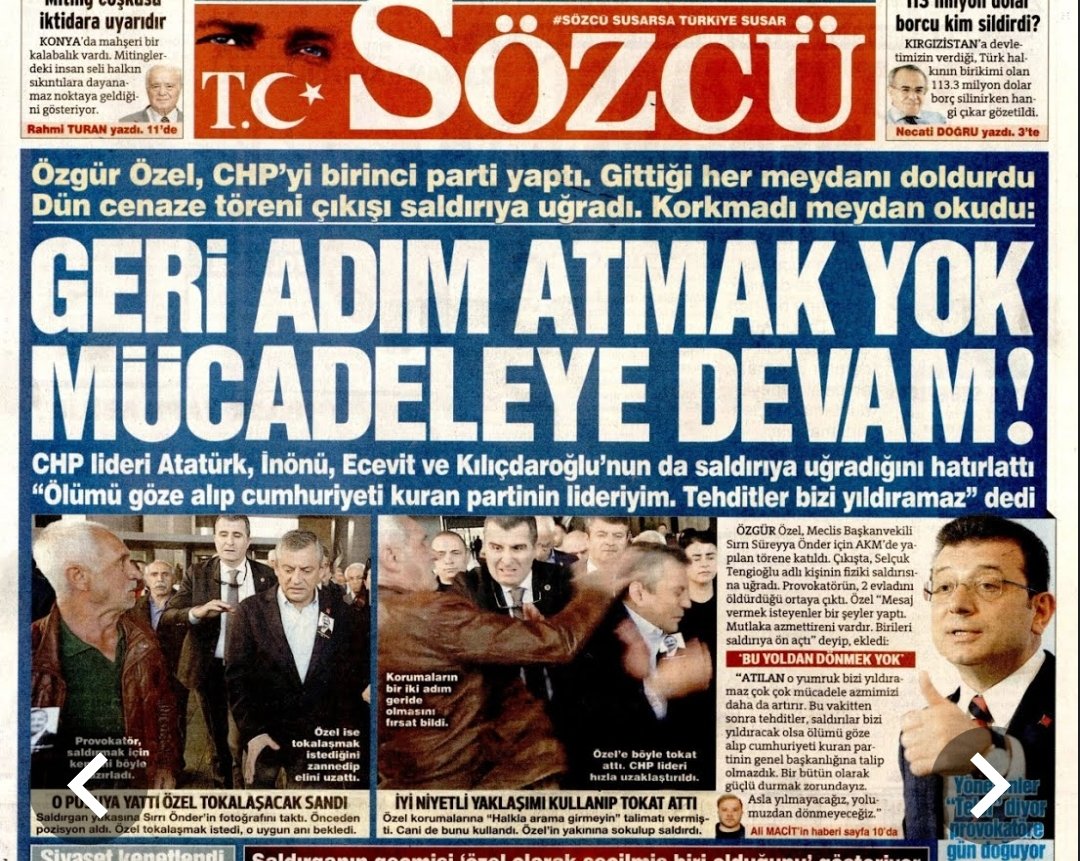Ak Parti'li eski enerji bakanı Taner Yıldız yumruklu saldırıya uğradığı zaman "Yumruk terapisi" diye manşet atan Sözcü gazetesi

Özgür Özel tokat yiyince "Geri adım atmak yok mücadeleye devam" manşeti atıyor..

Sen gazete değil, Tuvalet Kağıdısın Sözcü..