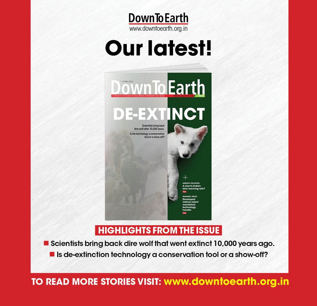 CSEINDIA (@cseindia) on Twitter photo Does de-extinction provide any conservation benefits or is it just another attempt to show off technical prowess? Check out the highlights from the latest edition of <a href="/down2earthindia/">Down To Earth</a>ЁЯСЗ
downtoearth.org.in/wildlife-biodiтАж
Subscribe today for full access to the issue and free digital access Does de-extinction provide any conservation benefits or is it just another attempt to show off technical prowess? Check out the highlights from the latest edition of <a href="/down2earthindia/">Down To Earth</a>ЁЯСЗ
downtoearth.org.in/wildlife-biodiтАж
Subscribe today for full access to the issue and free digital access