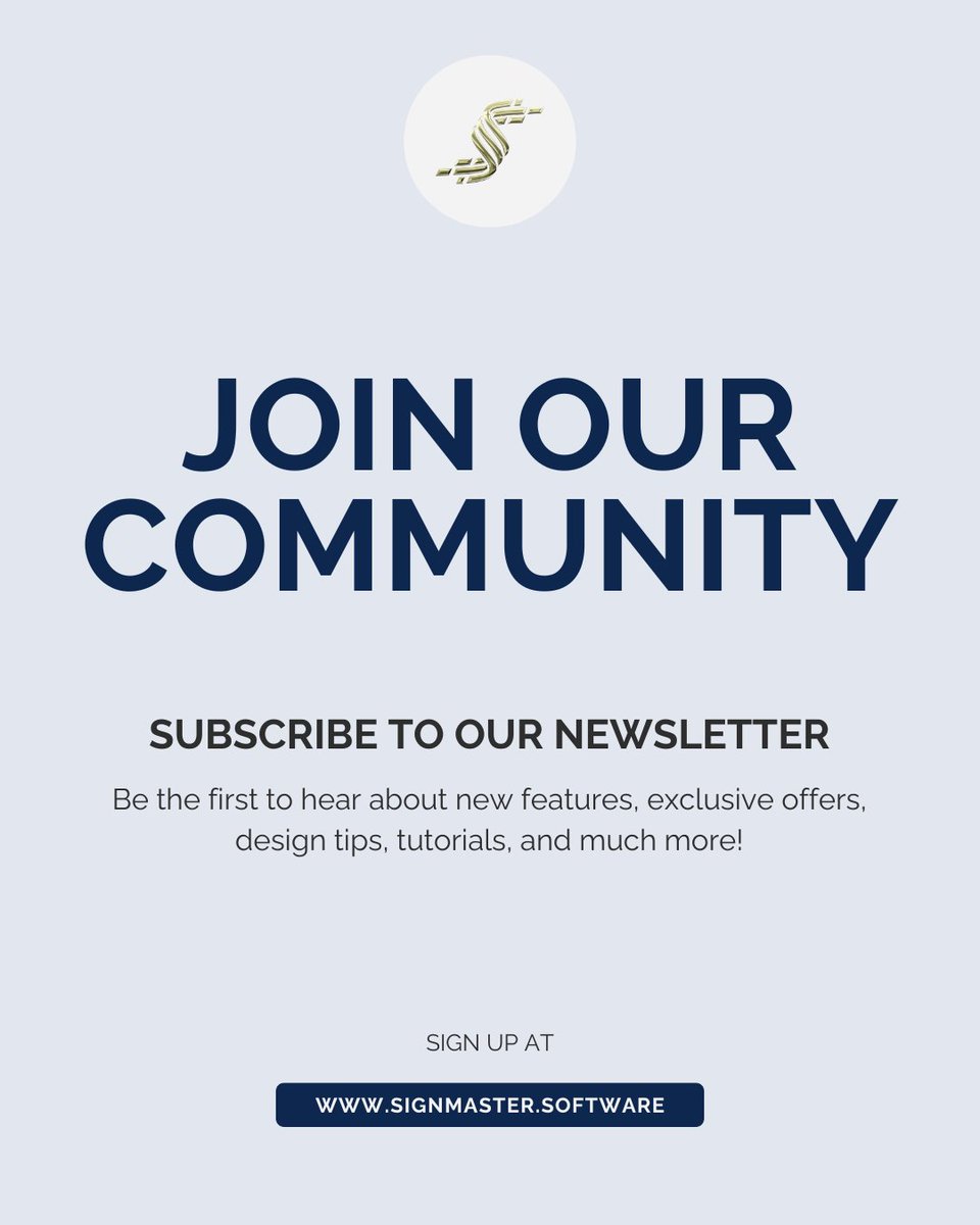 signmaster_fcl's tweet image. Subscribe to our newsletter and join our community! Get first-hand updates on new features, exclusive offers, design tips, tutorials, and more. Stay informed and inspired—sign up today!

#signmaster #signmaking #software #design #designsoftware