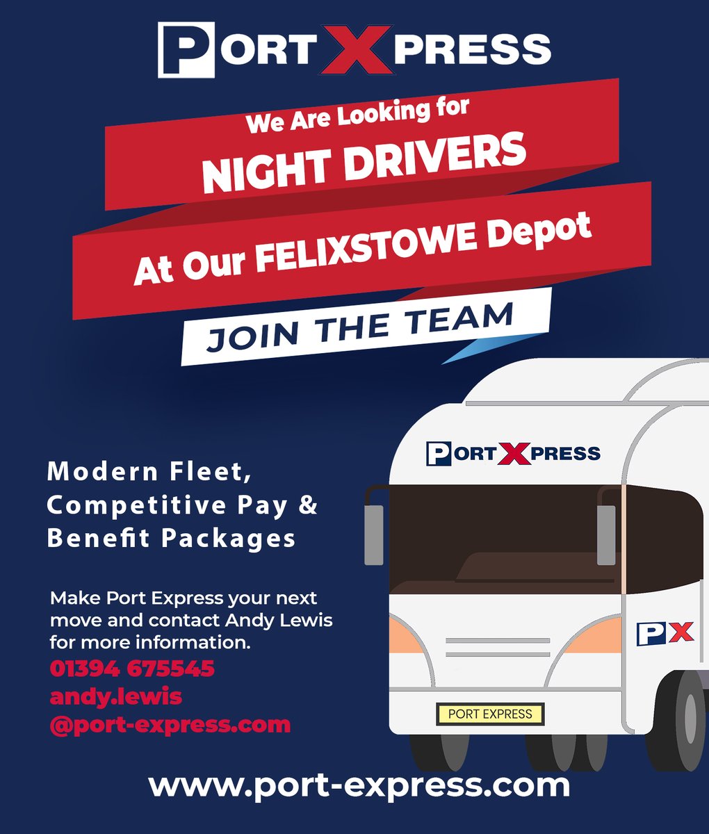 portexpress's tweet photo. Port Express are looking for night drivers at Felixstowe. Please email andy.lewis@port-express.com or or call Andy lewis on 01394 675545 for more info.
https://t.co/XB1YRa7K5l
#drivers #nightdrivers #hgv1 #felixstowe #transport #PortExpress https://t.co/w2A5yMpPQJ