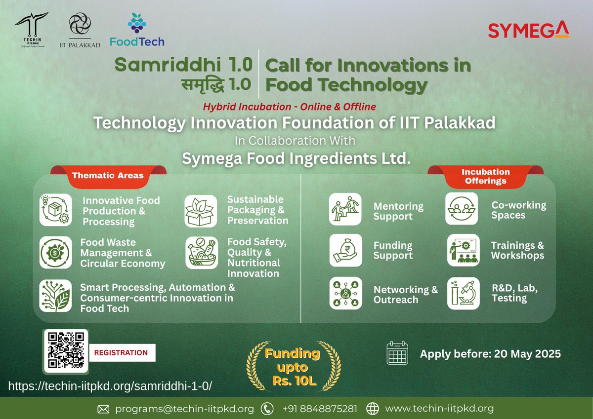 IIT Palakkad (@palakkadiit) on Twitter photo Samriddhi 1.0 I (समृद्धि) Call for innovations in Food Technology
𝐀𝐩𝐩𝐥𝐲 𝐁𝐞𝐟𝐨𝐫𝐞: 20th May 2025
Visit: techin-iitpkd.org/samriddhi-1-0/
For inquiries: programs@techin-iitpkd.org
Contact: 8848875281
instagram.com/p/DJQo-KisgKx/… Samriddhi 1.0 I (समृद्धि) Call for innovations in Food Technology
𝐀𝐩𝐩𝐥𝐲 𝐁𝐞𝐟𝐨𝐫𝐞: 20th May 2025
Visit: techin-iitpkd.org/samriddhi-1-0/
For inquiries: programs@techin-iitpkd.org
Contact: 8848875281
instagram.com/p/DJQo-KisgKx/…