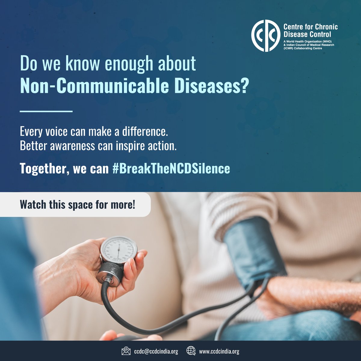 Centre for Chronic Disease Control (@indiaccdc) on Twitter photo In India, deaths due to Non-Communicable Diseases (NCDs) surged from 37.9% in 1990 to 61.8% in 2016, with the number continuing to rise over the last decade. And yet, this silent epidemic remains largely undiscussed.
At <a href="/INDIACCDC/">Centre for Chronic Disease Control</a>, we believe knowledge and understanding are In India, deaths due to Non-Communicable Diseases (NCDs) surged from 37.9% in 1990 to 61.8% in 2016, with the number continuing to rise over the last decade. And yet, this silent epidemic remains largely undiscussed.
At <a href="/INDIACCDC/">Centre for Chronic Disease Control</a>, we believe knowledge and understanding are