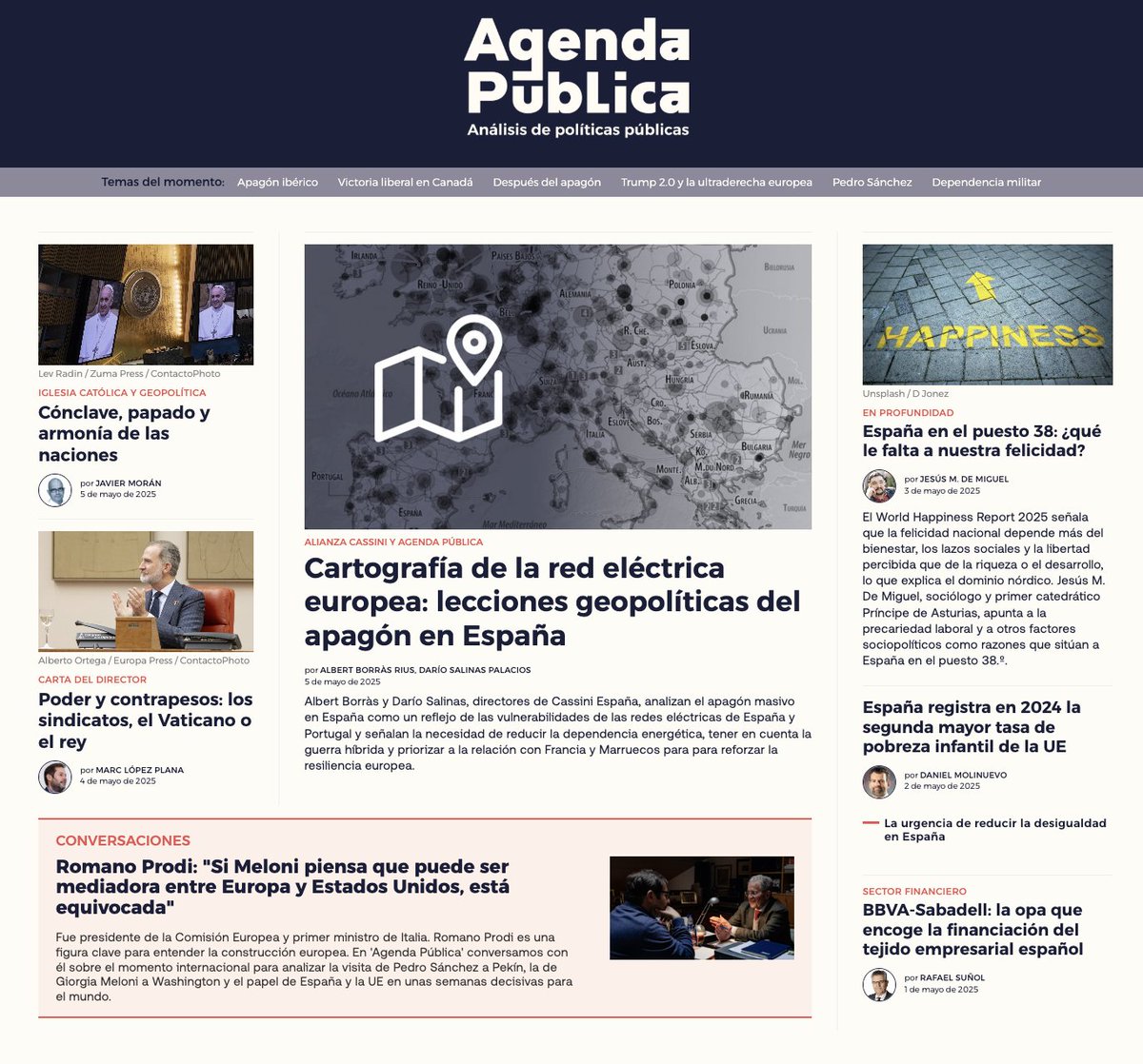 📰 Portada del día en Agenda Pública

🔌 Cartografía de la red eléctrica europea: lecciones geopolíticas del apagón en España
<a href="/AlbertBorras/">ALBERT</a> y Darío Salinas, directores de <a href="/Cassini_Spain/">CASSINI_es_</a>, analizan el apagón masivo en España como un reflejo de las vulnerabilidades de las redes