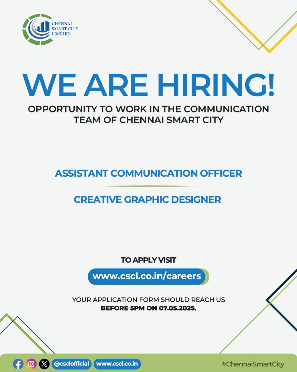 Chennai Smart City Limited (@csclofficial) on Twitter photo Hello #Chennaiites!
The Communication Team at <a href="/csclofficial/">Chennai Smart City Limited</a> is looking for talented individuals!
Positions:
Creative Graphic Designer (1)
Assistant Communication Officers (2)
Apply by 5 PM on 07.05.2024
Visit: cscl.co.in/careers for details.
#ChennaiSmartCity #NowHiring Hello #Chennaiites!
The Communication Team at <a href="/csclofficial/">Chennai Smart City Limited</a> is looking for talented individuals!
Positions:
Creative Graphic Designer (1)
Assistant Communication Officers (2)
Apply by 5 PM on 07.05.2024
Visit: cscl.co.in/careers for details.
#ChennaiSmartCity #NowHiring