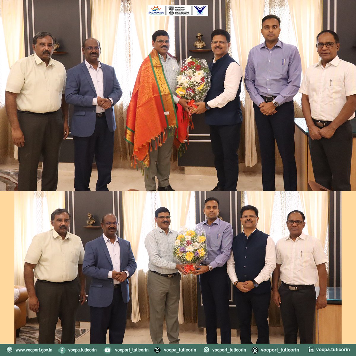 vocpa_tuticorin's tweet image. Today, Shri Srinivasa Rao Chilli assumed the charge as Chief Engineer, V.O. Chidambaranar Port Authority. 

Shri Susanta Kumar Purohit, IRSEE, Chairperson, Shri Rajesh Soundararajan, IAS, Deputy Chairperson, along with senior Port officials, welcomed Shri Srinivasa Rao Chilli at…