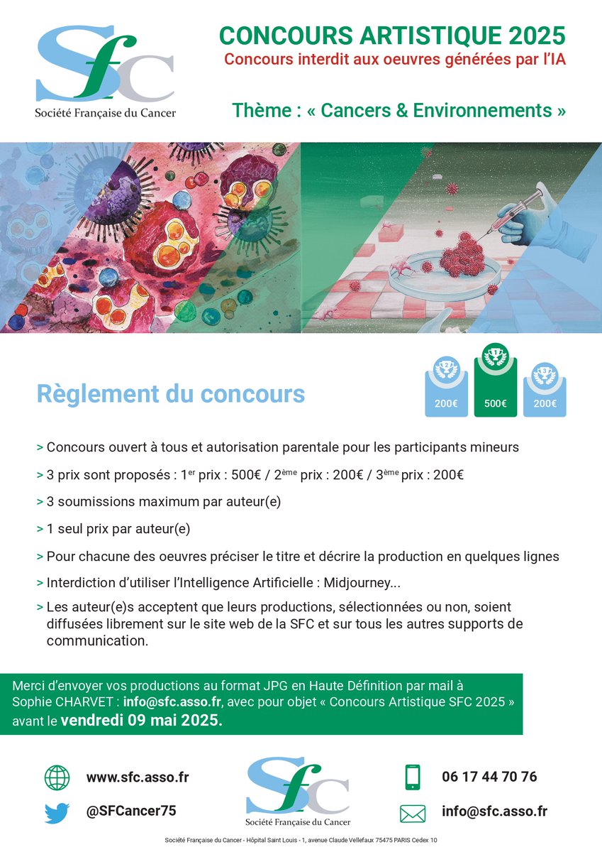 Vous avez jusqu’au vendredi 9 mai 2025 pour soumettre jusqu’à 3 œuvres pour le double concours artistique 2025 de la SFC, avec et sans IA, sur le thème "Cancers &amp; Environnements" ! 
Vous trouverez ci-dessous les 2 règlements différents. 
A vous de jouer les artistes !
