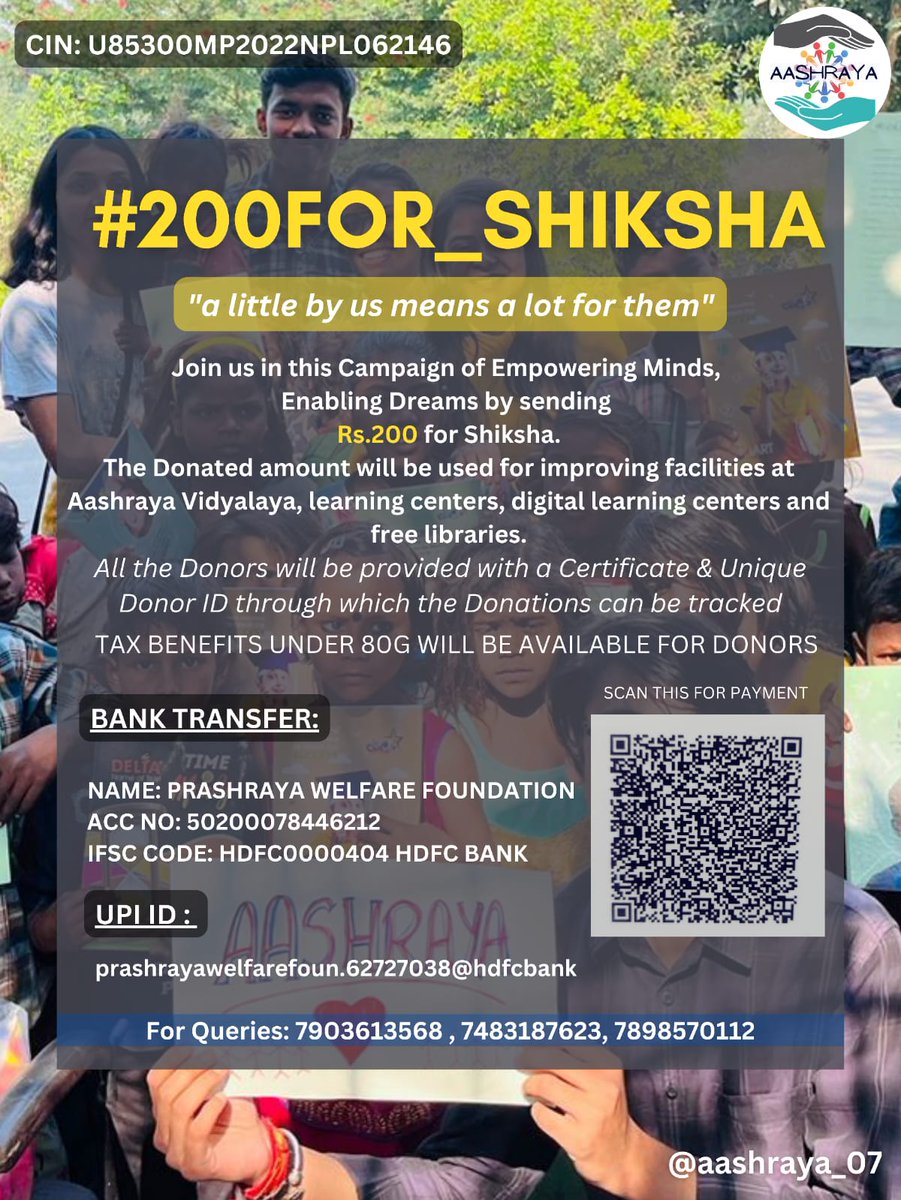 TeamAashraya's tweet photo. Join #200For_Shiksha Transform Lives with Education!✨

"Tamso Ma Jyotirgamaya–From darkness,lead me to light"

We at @TeamAashraya are on a heartfelt mission to ensure that every child,no matter how remote their village,has access to quality education through Aashraya Vidyalaya. https://t.co/BsTP2C2Eyv