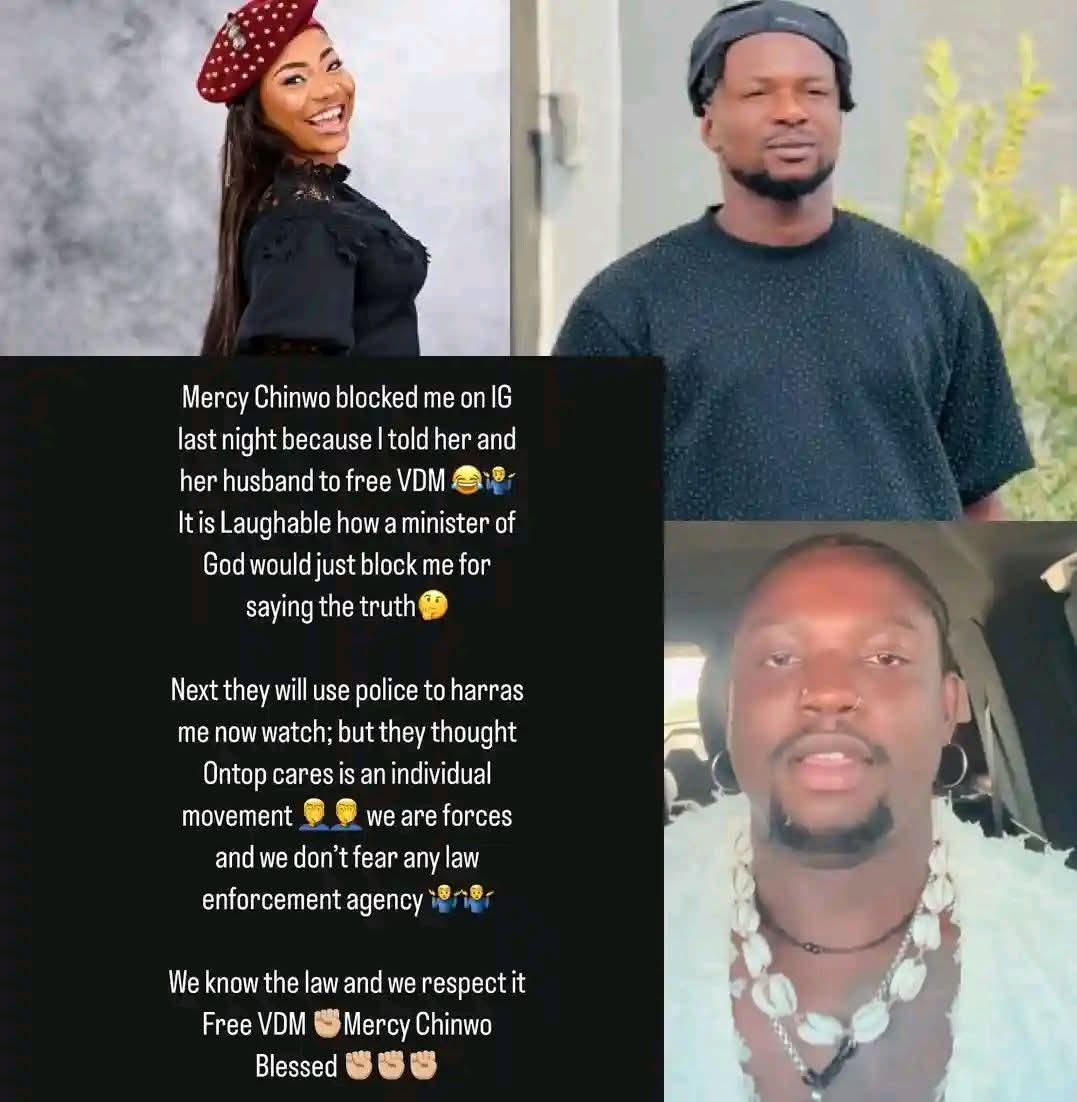 Mercy Chinwo blocked me on IG last night because I told her and her husband to free VDM  - Actor Stanley Ontop