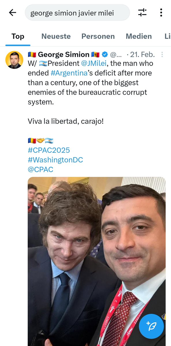 Mileis globale Revolution (@mileiglobal) on Twitter photo Nach der Annullierung der Wahl in Rumänien durch die EU hat der rechte Kandidat <a href="/georgesimion/">🇷🇴 George Simion 🇲🇩</a> die Wahl gewonnen. Der Wahlsieger in Rumänien äußerte große Anerkennung für den argentinischen Präsidenten Javier Milei. Simion lobte dessen Einsatz, Argentinien aus den Nach der Annullierung der Wahl in Rumänien durch die EU hat der rechte Kandidat <a href="/georgesimion/">🇷🇴 George Simion 🇲🇩</a> die Wahl gewonnen. Der Wahlsieger in Rumänien äußerte große Anerkennung für den argentinischen Präsidenten Javier Milei. Simion lobte dessen Einsatz, Argentinien aus den