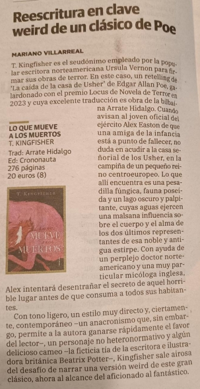 Lunes de res...eña :-)

Lo que mueve a los muertos, de T. Kingfisher (Crononauta): reescritura en clave weird de un clásico de Poe
literfan.cyberdark.net/2025/MueveMuer…

Publicado en el suplemento Territorios del diario El Correo (3-5-2025)