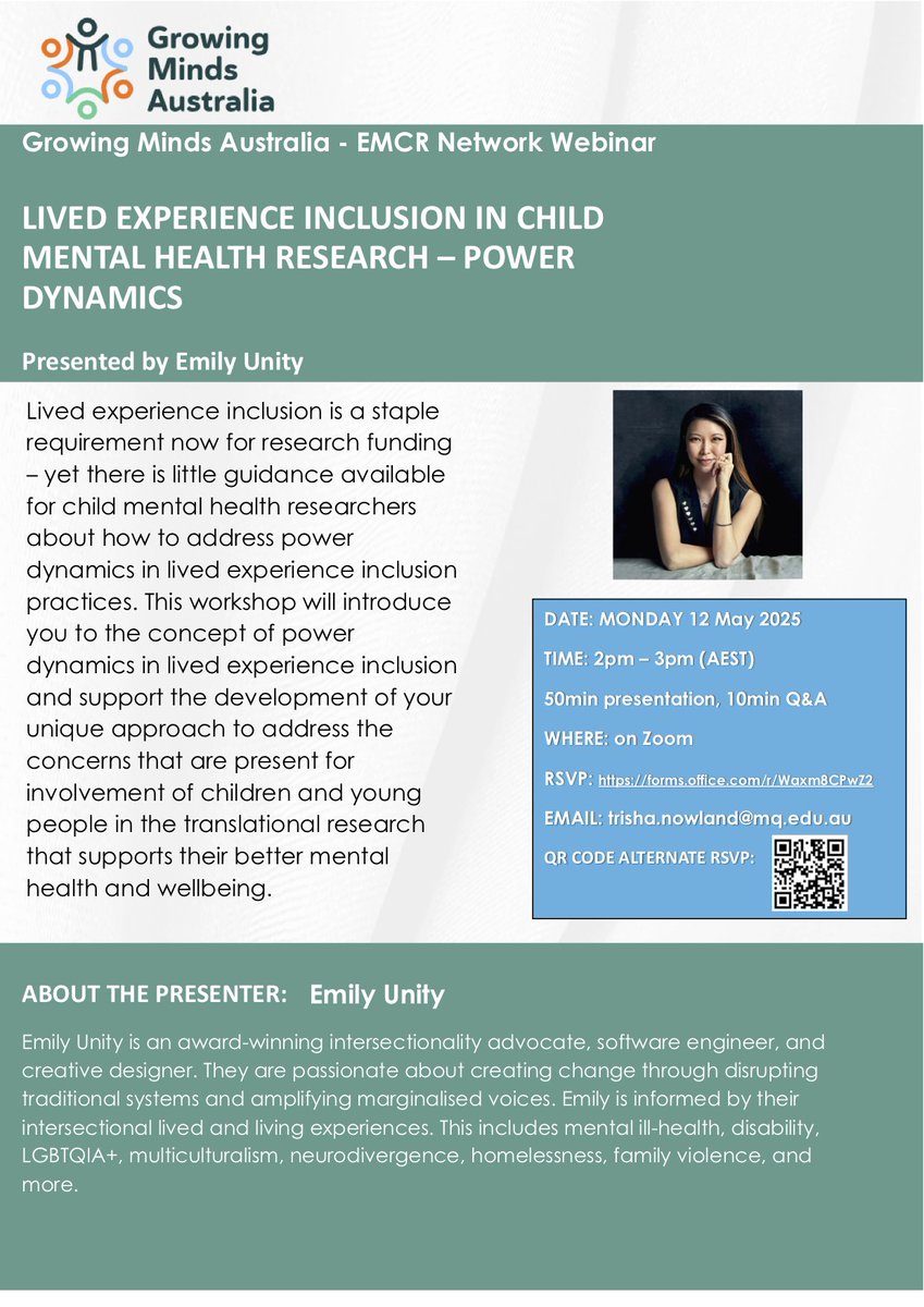 Growing Minds Australia (GMA) (@growingmindsau) on Twitter photo EMCRS! Our next GMA EMCR Webinar is just one week away 😊 Join us on Zoom next Monday 12th May at 2pm AEDT to hear the amazing Emily Unity discuss lived experience inclusion in child mental health research - power dynamics
Email us to attend: growing-minds-australia@sydney.edu.au EMCRS! Our next GMA EMCR Webinar is just one week away 😊 Join us on Zoom next Monday 12th May at 2pm AEDT to hear the amazing Emily Unity discuss lived experience inclusion in child mental health research - power dynamics
Email us to attend: growing-minds-australia@sydney.edu.au
