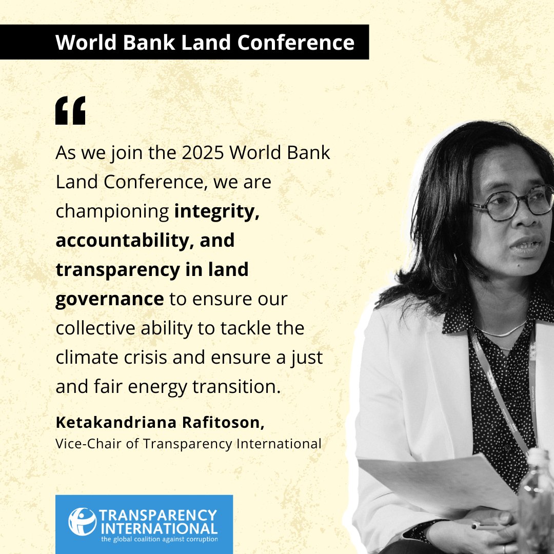 Transparency International (@anticorruption) on Twitter photo "As we join the #LandConf2025, we are championing integrity, accountability & transparency in land governance to ensure our collective ability to tackle the climate crisis & ensure a just and fair energy transition." - <a href="/KeRafitoson/">Ketakandriana Rafitoson</a>.
➡️ Explore our work: anticorru.pt/3bh "As we join the #LandConf2025, we are championing integrity, accountability & transparency in land governance to ensure our collective ability to tackle the climate crisis & ensure a just and fair energy transition." - <a href="/KeRafitoson/">Ketakandriana Rafitoson</a>.
➡️ Explore our work: anticorru.pt/3bh