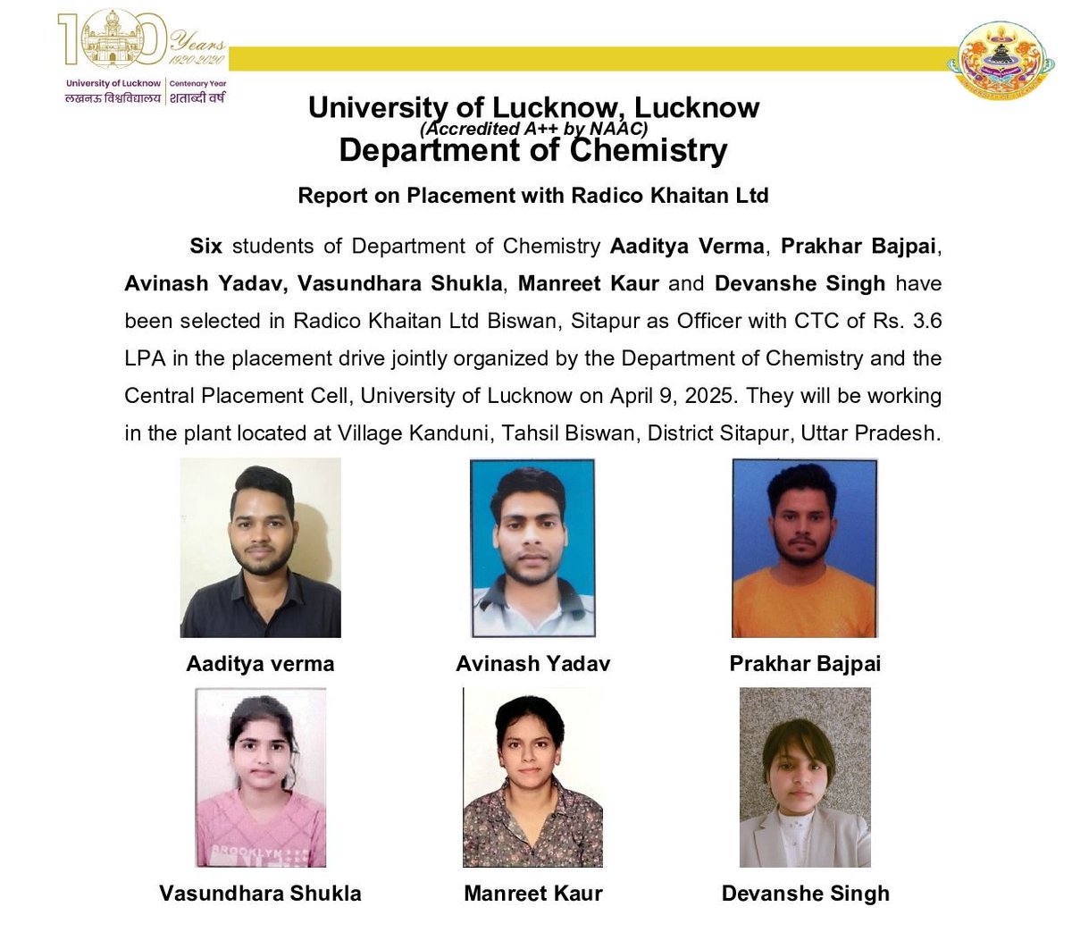 Central Placement Cell (@luplacement) on Twitter photo Big congratulations to the Chemistry students of University of Lucknow on their placements! Wishing you all great success as you begin this exciting new chapter.Keep making us proud!
<a href="/GovernorofUp/">Governor of Uttar Pradesh</a>
<a href="/profalokkumar/">Professor Alok Kumar Rai</a> 
<a href="/lkouniv/">University of Lucknow</a> 
<a href="/EduMinOfIndia/">Ministry of Education</a> Big congratulations to the Chemistry students of University of Lucknow on their placements! Wishing you all great success as you begin this exciting new chapter.Keep making us proud!
<a href="/GovernorofUp/">Governor of Uttar Pradesh</a>
<a href="/profalokkumar/">Professor Alok Kumar Rai</a> 
<a href="/lkouniv/">University of Lucknow</a> 
<a href="/EduMinOfIndia/">Ministry of Education</a>