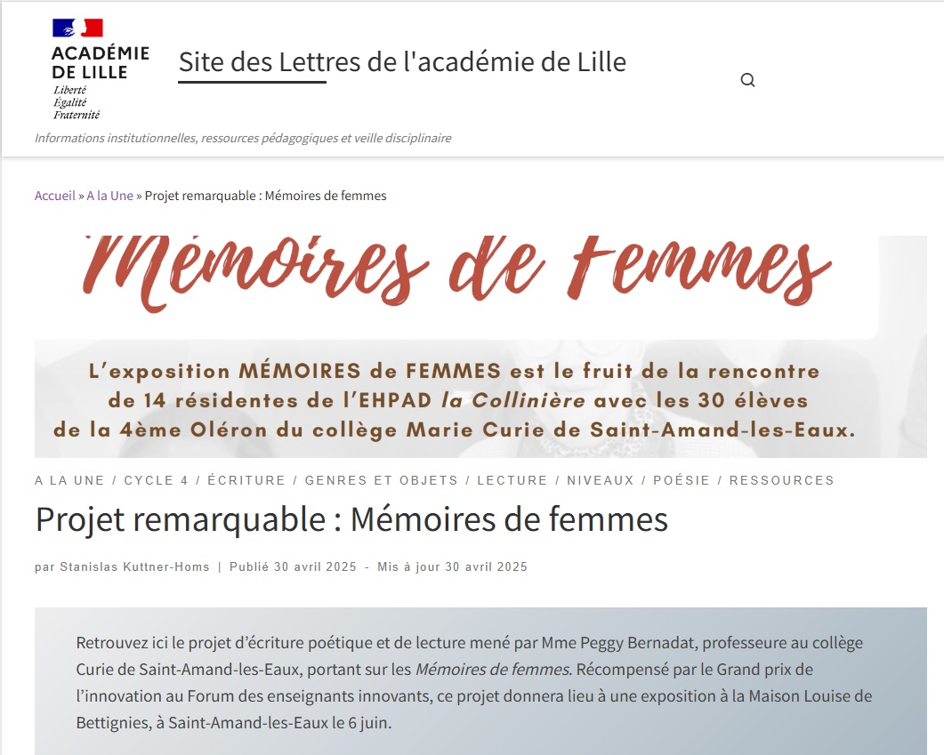 La vidéo détaillant le projet "Mémoires de Femmes" est accessible sur le site académique des Lettres : 
lnkd.in/eFwYsfmP
Quant au livre numérique, il est consultable grâce au lien suivant : lnkd.in/e-TaaXyY