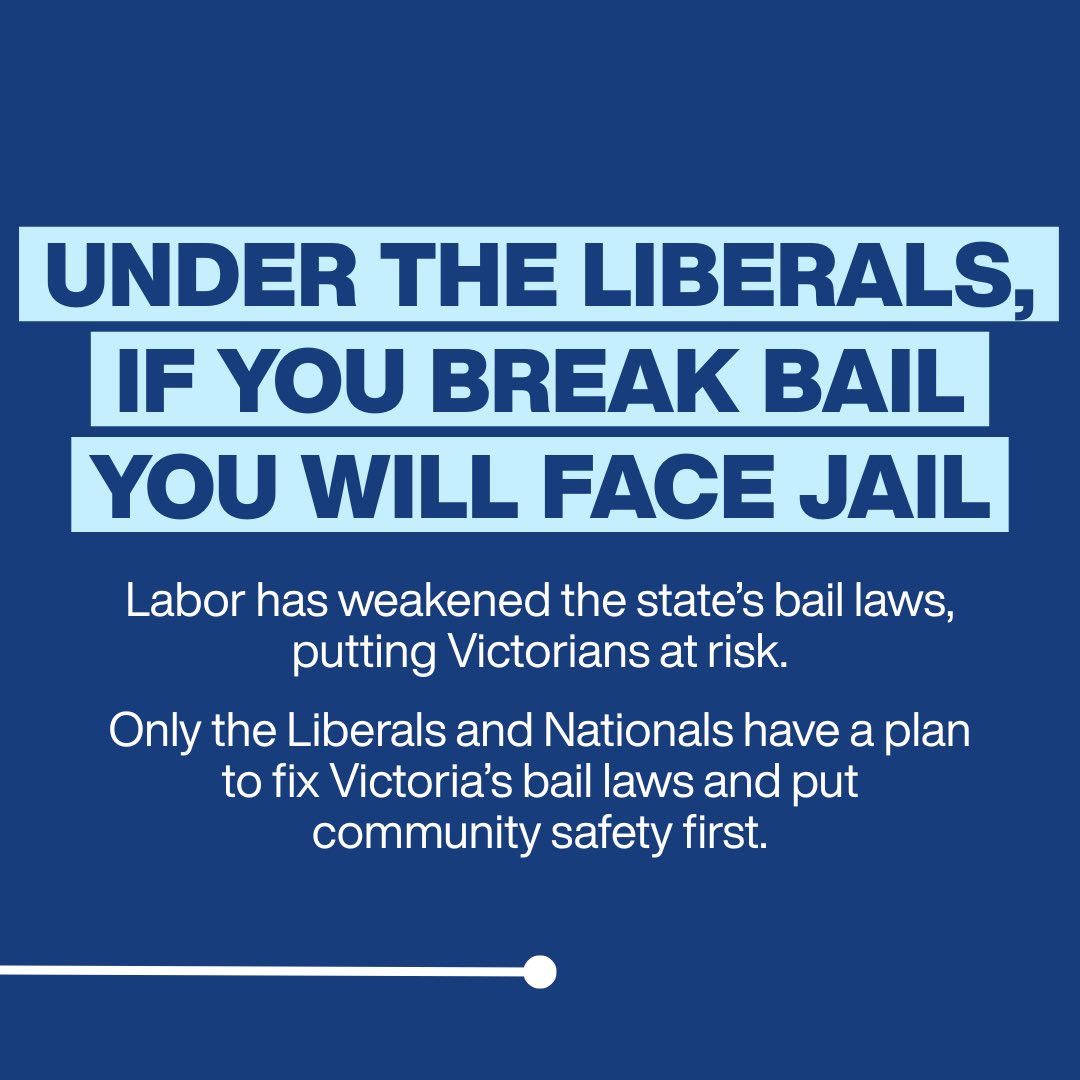 Break bail ➡️ Face jail.

The new Victorian Liberals and Nationals’ policy to strengthen the state’s bail laws and help to keep Victorians safe.

More info in the tiles ➡️

#springst