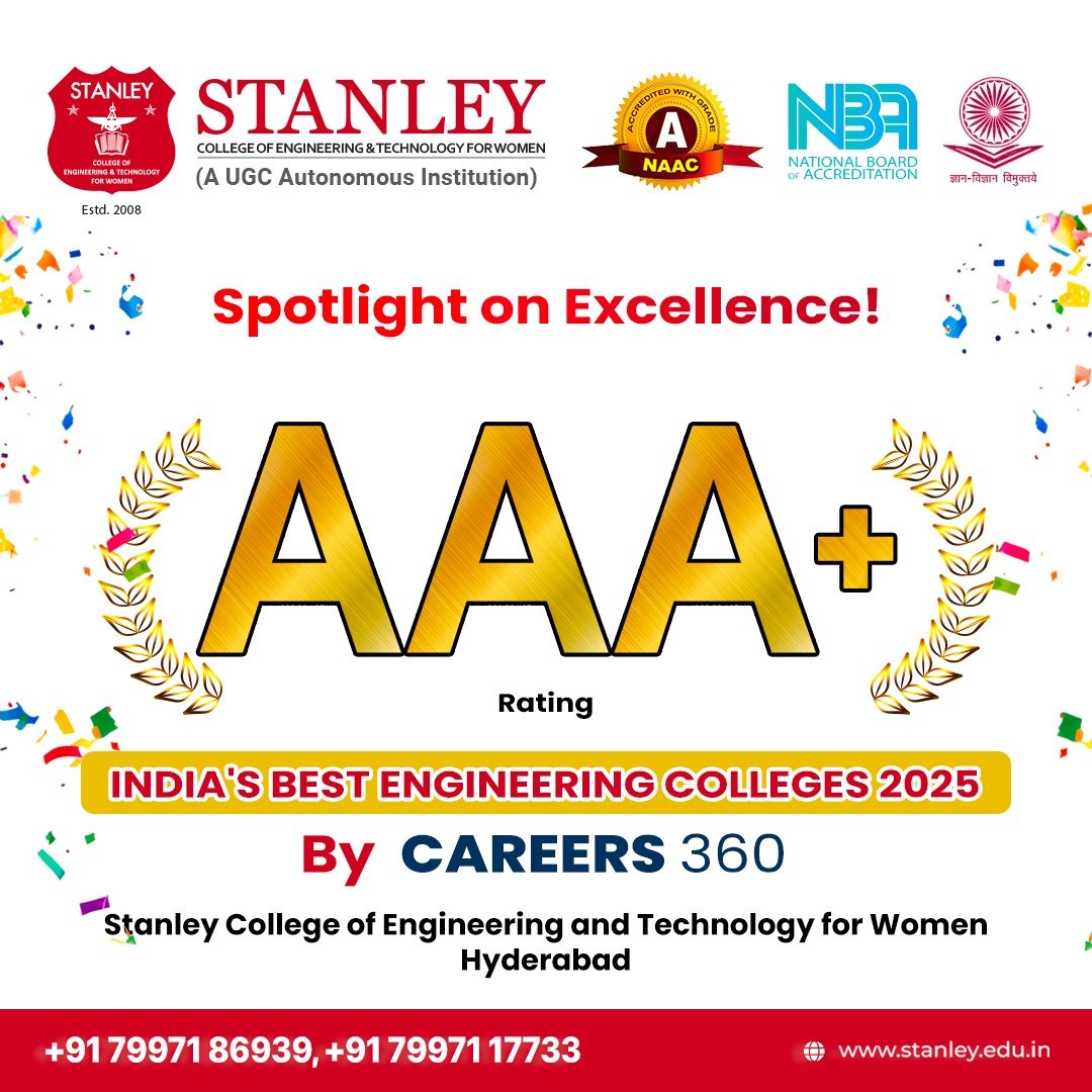 stanleywomensc1's tweet photo. Stanley College of #Engineering and Technology for Women, Hyderabad has earned a spotlight with AAA+ Rating in INDIA'S BEST ENGINEERING COLLEGES by #CAREERS360!
#Stanley #Careers360Rating #AAAPlus #StanleyCEW #EngineeringExcellence #ProudMoment #WomenInTech #StanleyPride https://t.co/UqPmm7zkjK